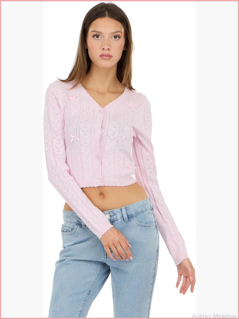 Pointelle Cardigan Sweater With Scalloped Hem